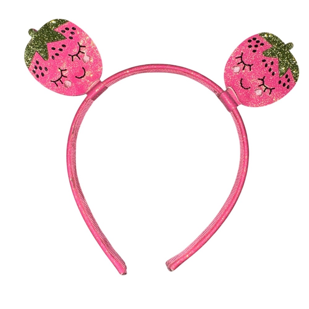 Girls Pink Glitter Strawberry Headband Fruit Theme Hair Accessory Sparkly Pink